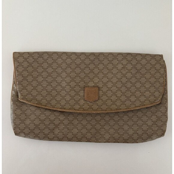 Celine Vintage Macadam Triomphe Canvas & Leather Clutch Bag Authentic Classic - Picture 1 of 14